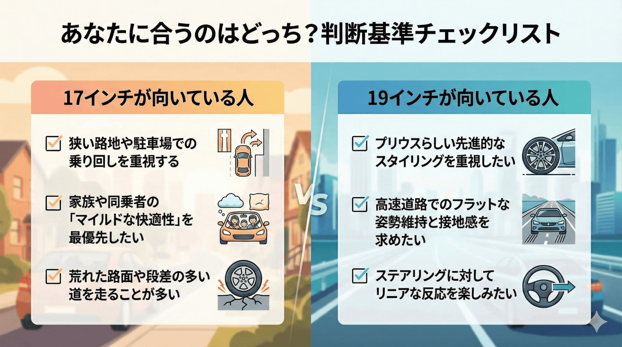 走行シーンや優先順位に合わせて17インチか19インチかを選択するための判断チェックリスト