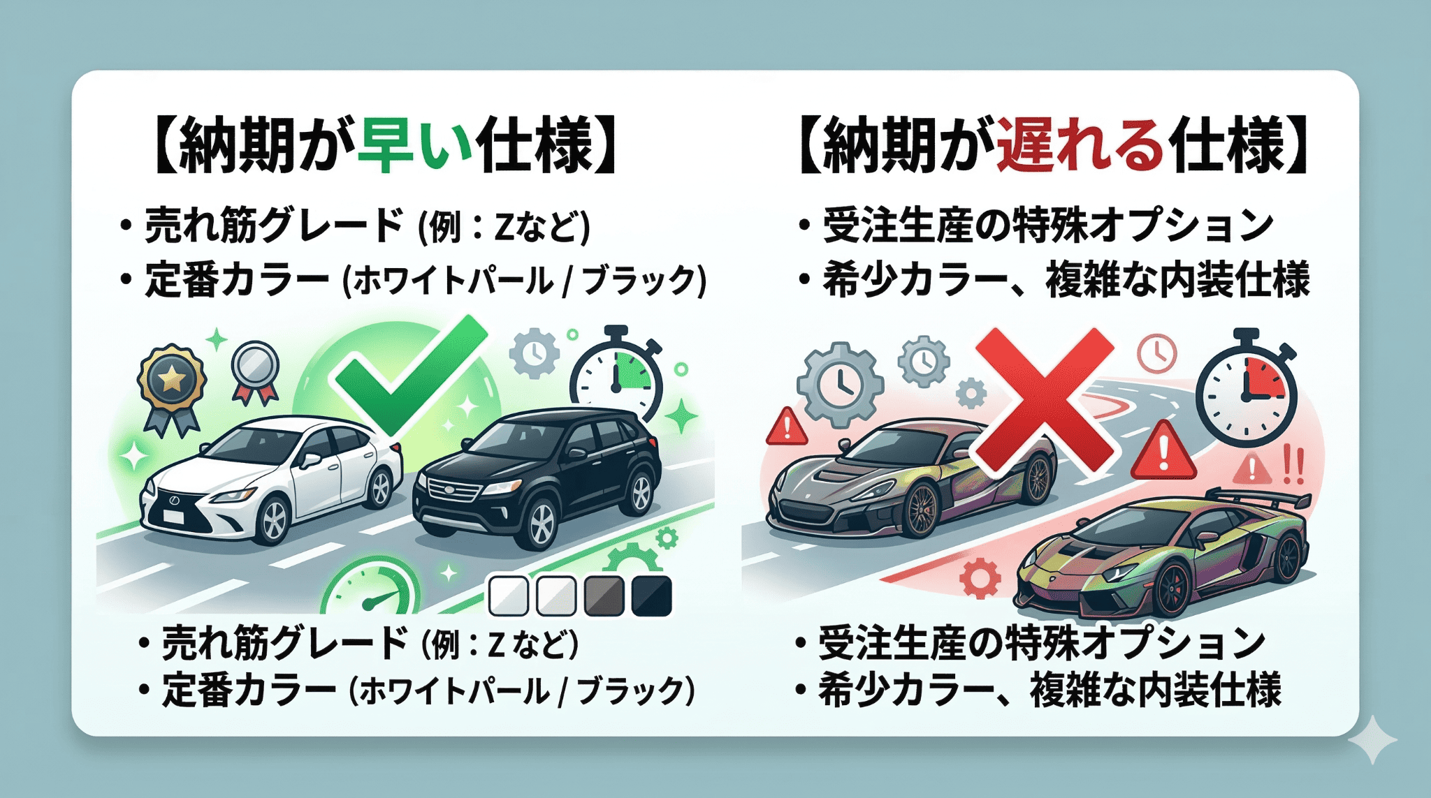 納期を優先する場合の車種選びの判断基準。人気グレードと白・黒の定番カラーを選ぶことで納期が早まることを示す。