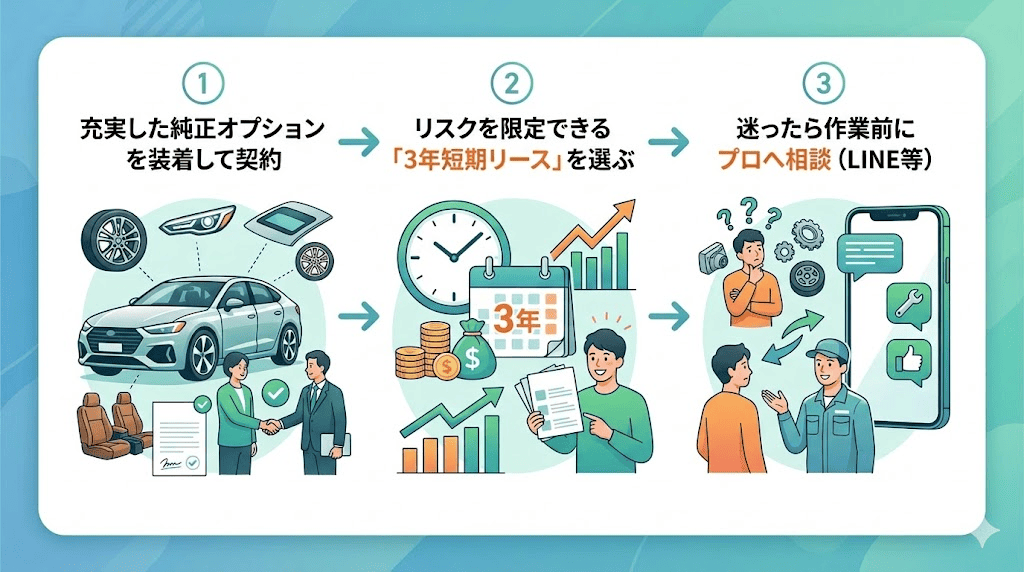 純正オプション活用、短期リースの選択、事前相談という、改造トラブルを避けるための3つの具体的な手順を示したフロー図