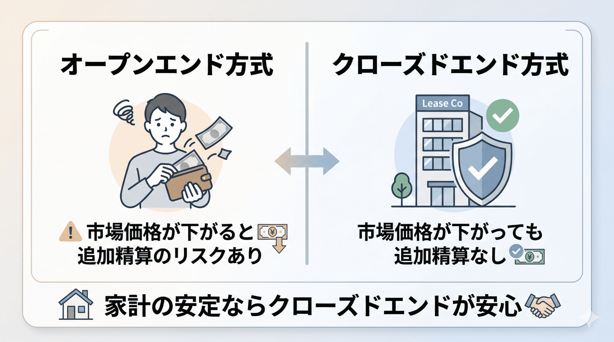 オープンエンド方式とクローズドエンド方式のリスク負担の差を比較した図。クローズドエンド方式はリース会社がリスクを負い、利用者の精算がないことを強調しています。