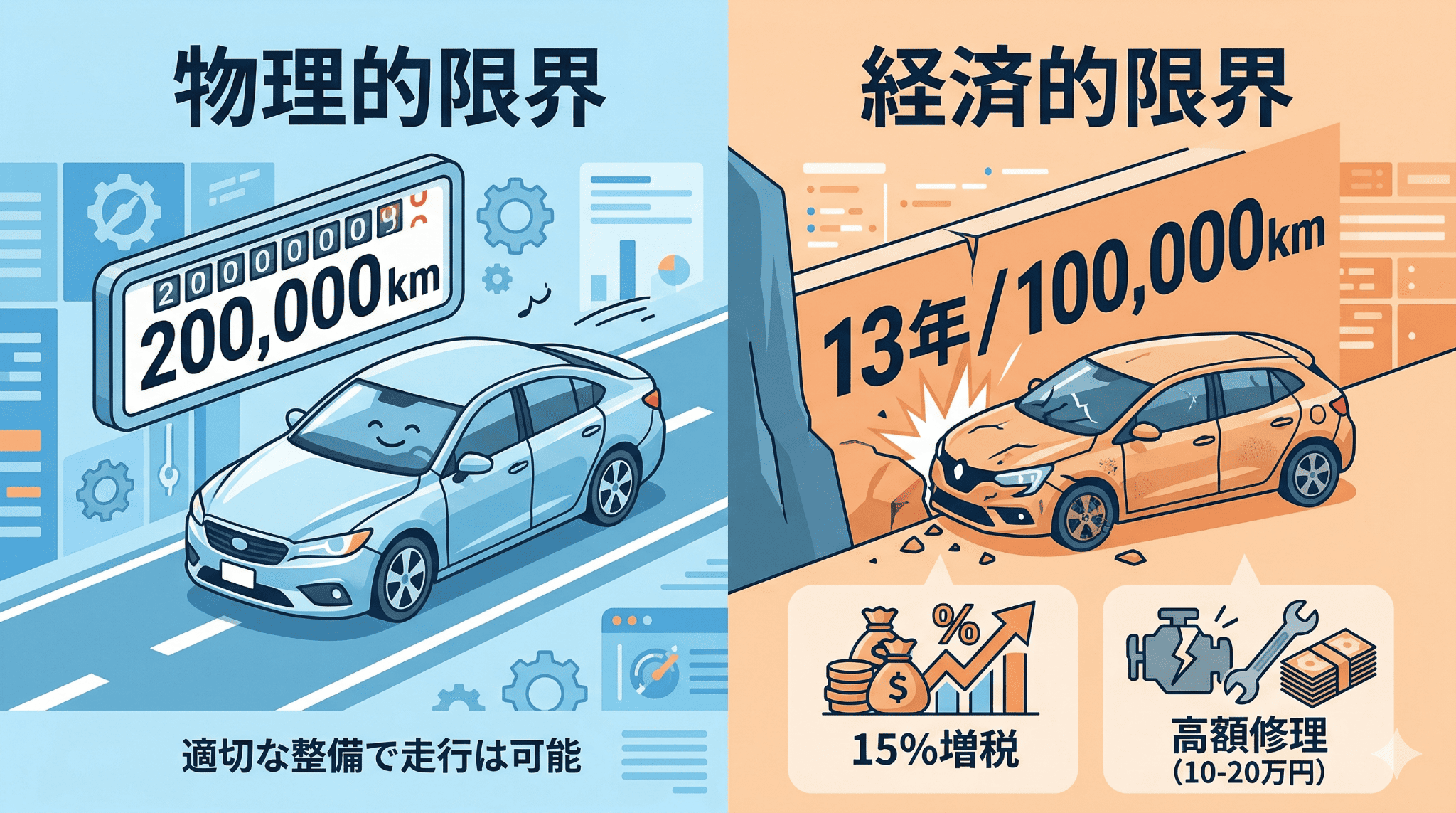 車が物理的に走れる期間と、税金や修理費が増大して維持が困難になる「経済的寿命」の差を比較した概念図。
