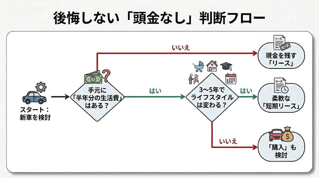 頭金なしで車を選ぶ際の判断フロー。手元の予備費の有無と、将来のライフイベントの変化を基準にした選択手順。
