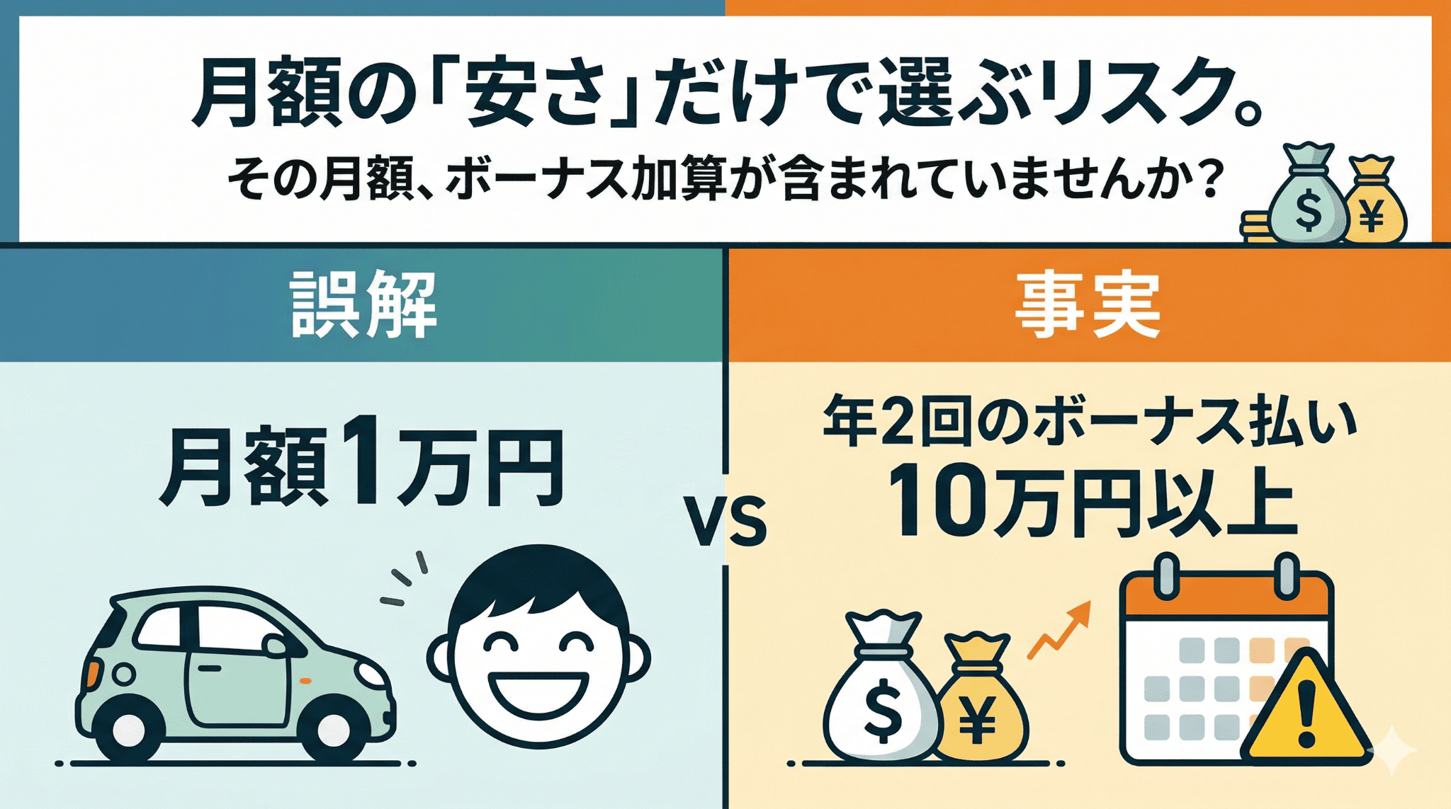 「月額1万円」の広告に潜むボーナス払いの図解。毎月の安さだけでなく、年2回のまとまった支出リスクを確認するよう促す内容。