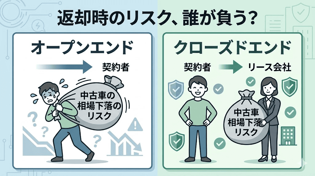 オープンエンド方式とクローズドエンド方式のリスク負担の違い。クローズドエンドは市場価値下落のリスクをリース会社が負うことを示す。