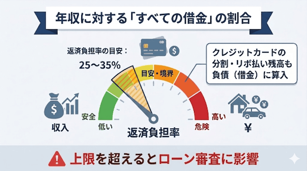 クレジットカードの利用残高が自動車ローン審査の重要指標である「返済負担率（目安30〜35%）」に合算され、審査結果を左右する流れを説明した画像。