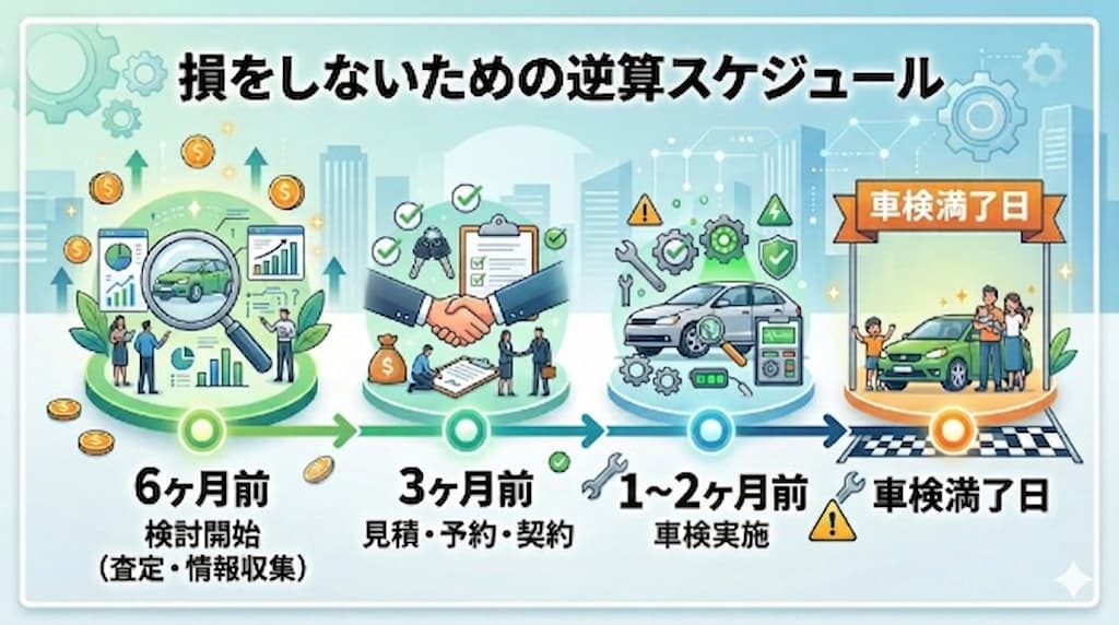 車検満了日の6ヶ月前から検討を開始し、3ヶ月前に見積もりや契約、1ヶ月前に実施するという理想的なスケジュールフロー。