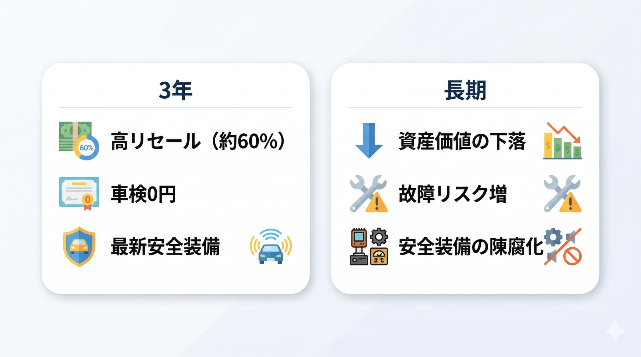 3年周期の乗り換えによる高リセール維持と最新安全装備のメリットを、長期保有時のコスト増・リスク増と比較した図。