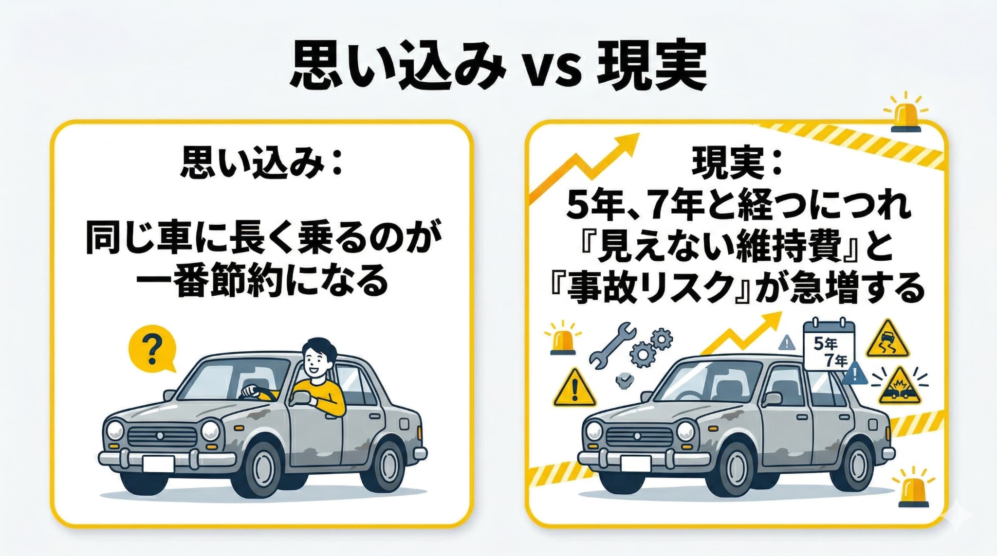 長期間同じ車に乗る場合の維持費増加と安全性の低下という「見えないリスク」を可視化した、思い込みを是正するための図解。