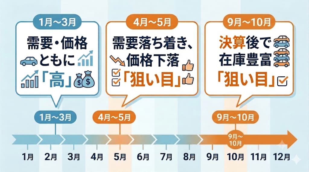 1月から12月の中古車相場変動を表した図解。需要が落ち着く4月から5月と、下取り車が増える9月から10月が「狙い目」であることを示しています。