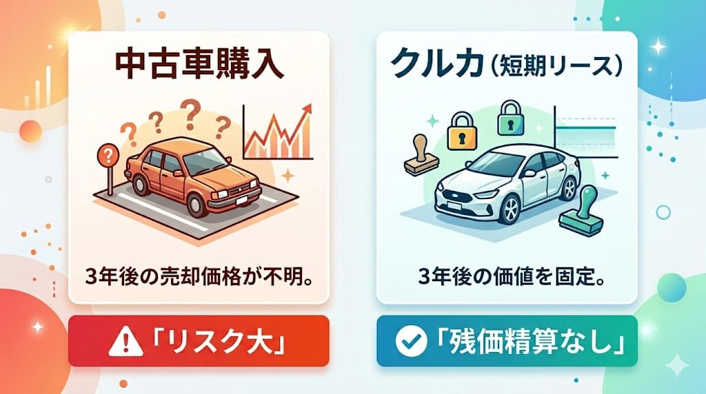 中古車購入と短期リースの3年後のリスク比較図。売却価格が不透明な購入に対し、短期リース（クルカ）は残価精算がなく、コストが明確であることを示しています。