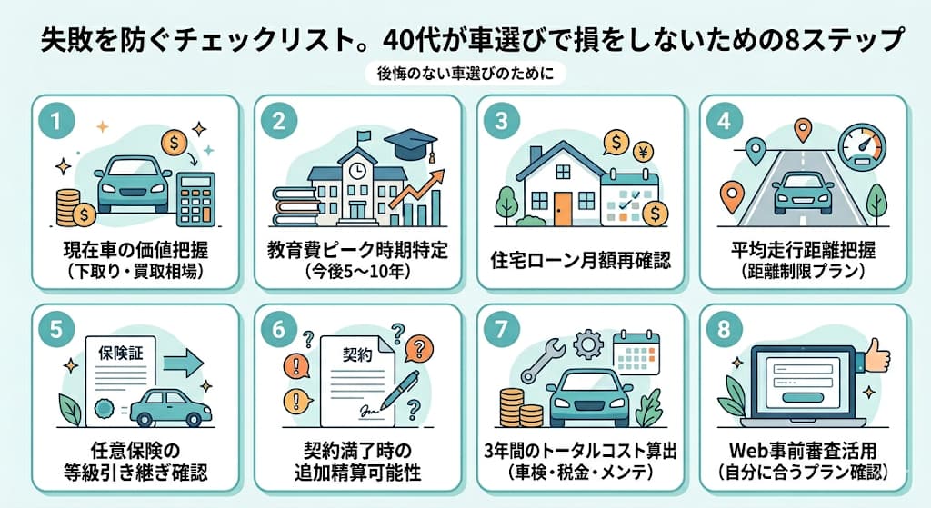 40代が車選びで失敗しないために、下取り額の把握から家計の固定費確認、審査余力の把握までを網羅した8ステップのチェックリスト図解です。