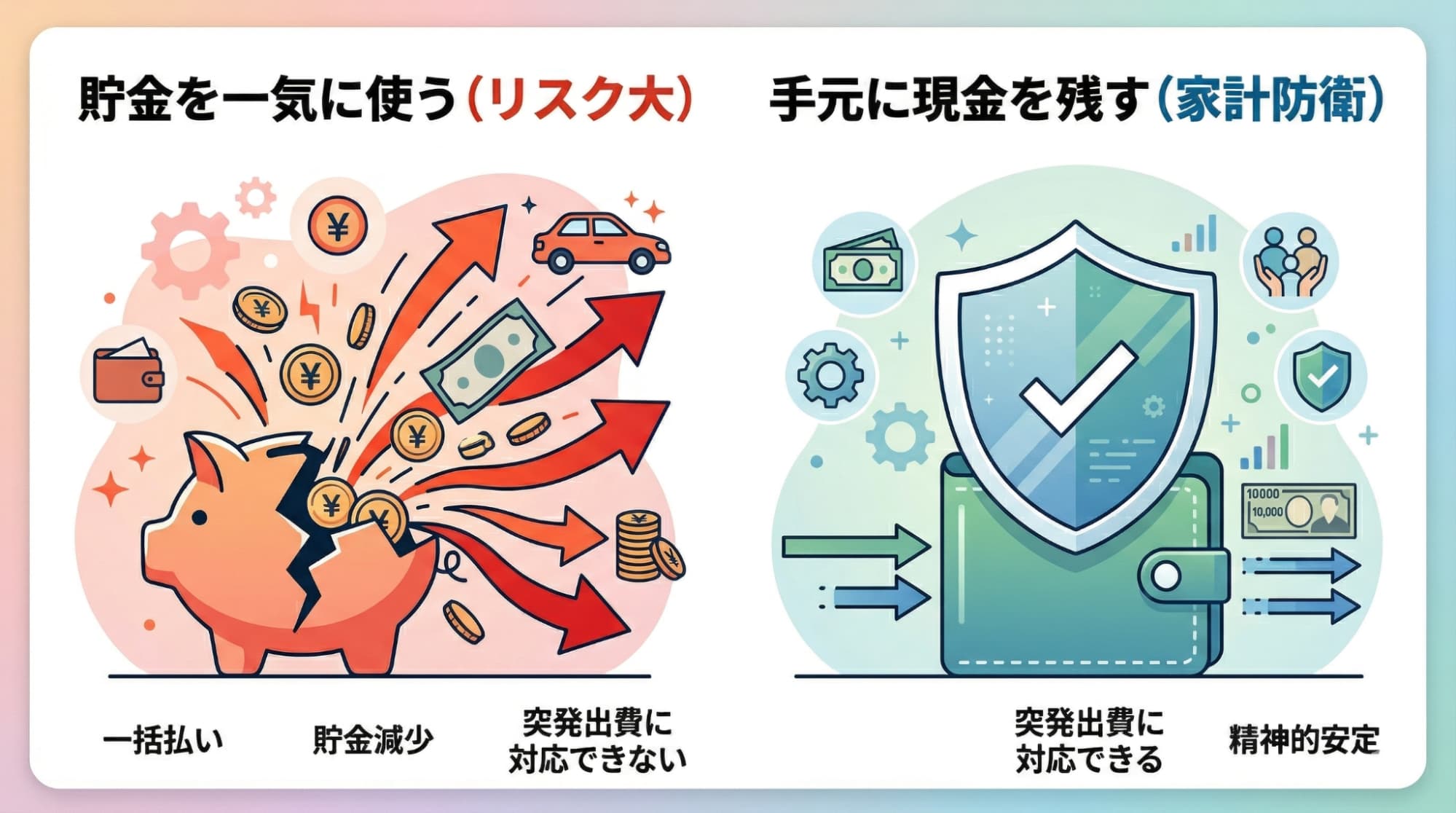 車購入時の頭金に貯金を充てるリスクと、現金を残しながら月額固定で乗る家計防衛策の対比図