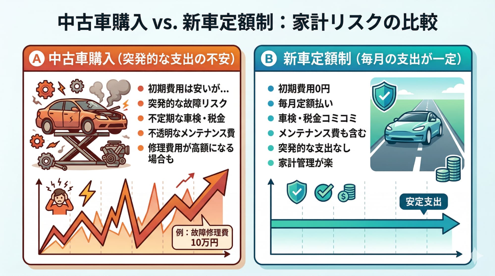 中古車購入時に発生しうる年10万円以上の突発修理費リスクと、定額制による支出の固定化を比較した概念図