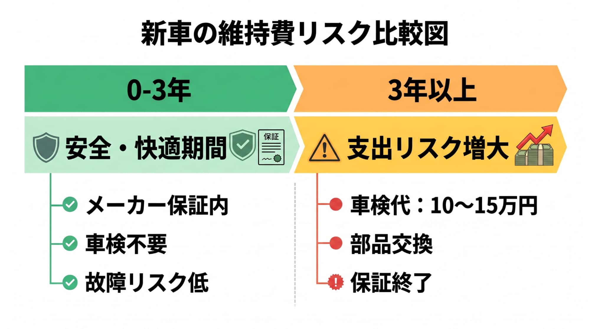 新車登録から3年間の「故障リスクが低く車検も不要な期間」と、それ以降の維持費が増大する期間を比較したリスク管理図