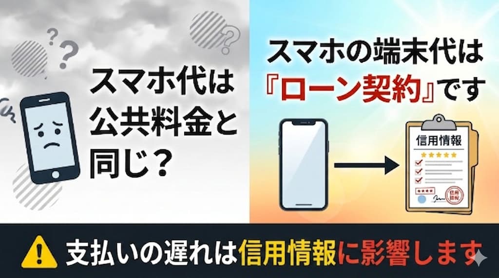 スマートフォン端末の分割払いがローン契約であり、支払遅延が信用情報に影響を及ぼす落とし穴を解説した図解