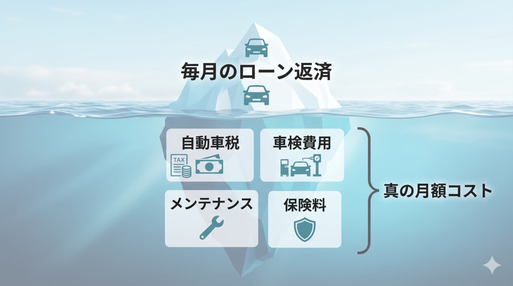 月々のローン返済額の裏側に隠れている、税金や車検費用などの「真のコスト構造」を氷山に見立てて説明する図解