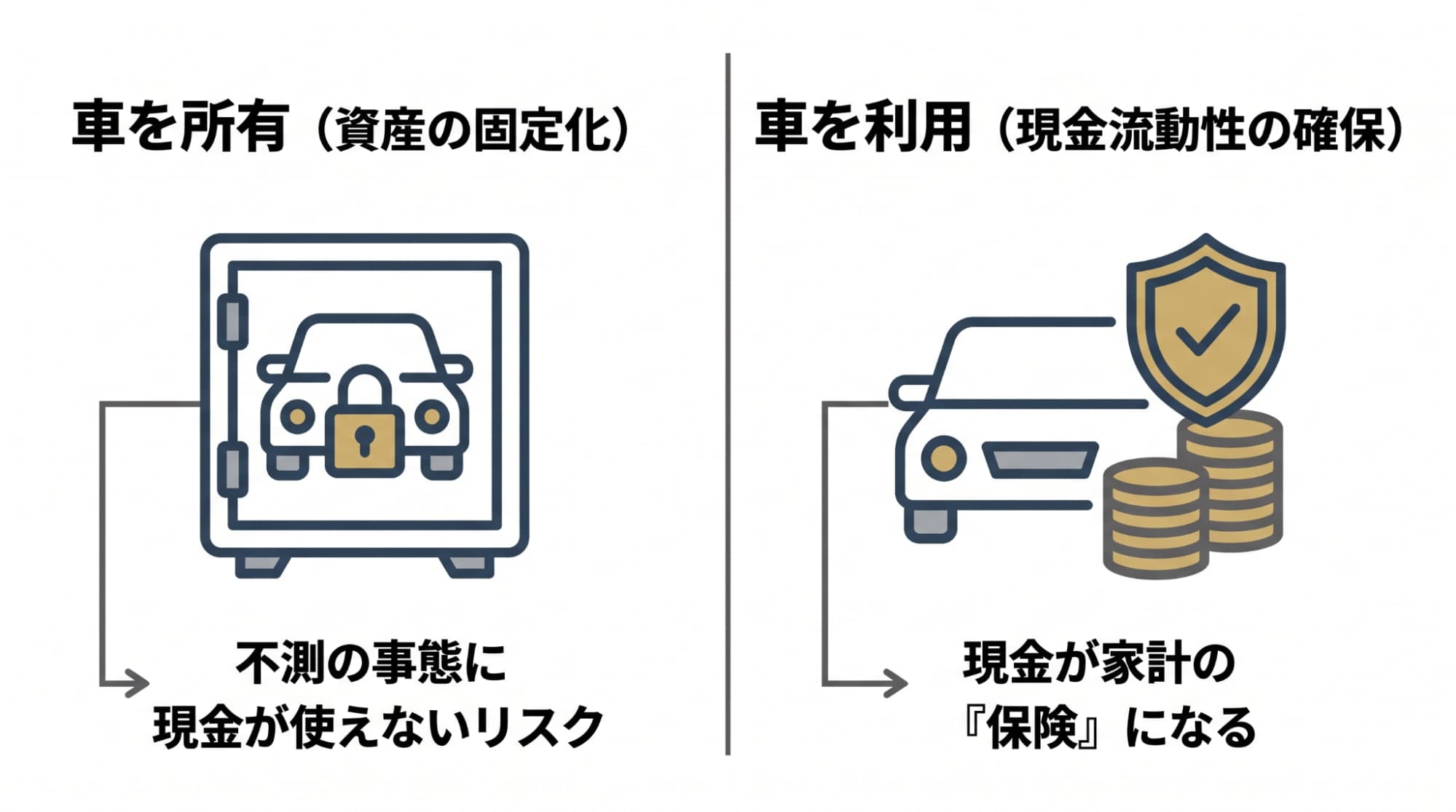 現金を車という資産に固定してしまうリスクと、手元に現金を残して家計の安全（保険）を確保するメリットの対比図