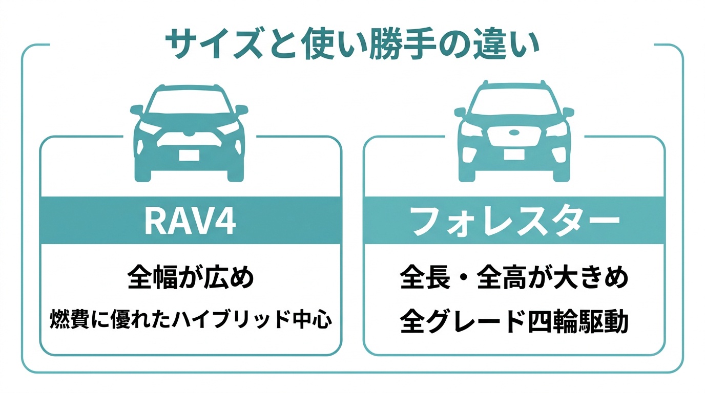 RAV4とフォレスターのサイズ・室内・荷室を比べる